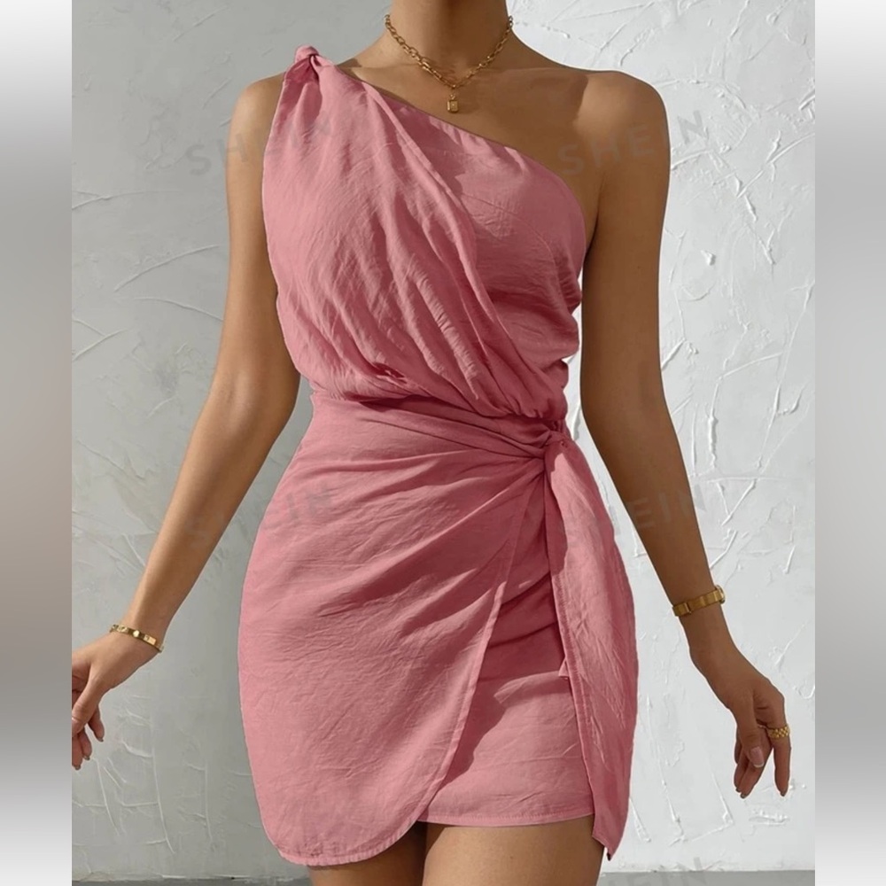 SHEIN Belle One Shoulder Knot Side Wrap Dress Women Size 12 Pink Lined Mini